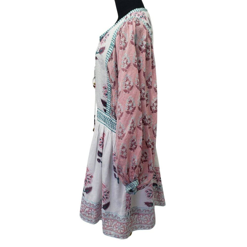 Oliphant Tie Front Balloon Sleeve Dress Pink Teal White Boho Block Print Floral - Picture 6 of 15